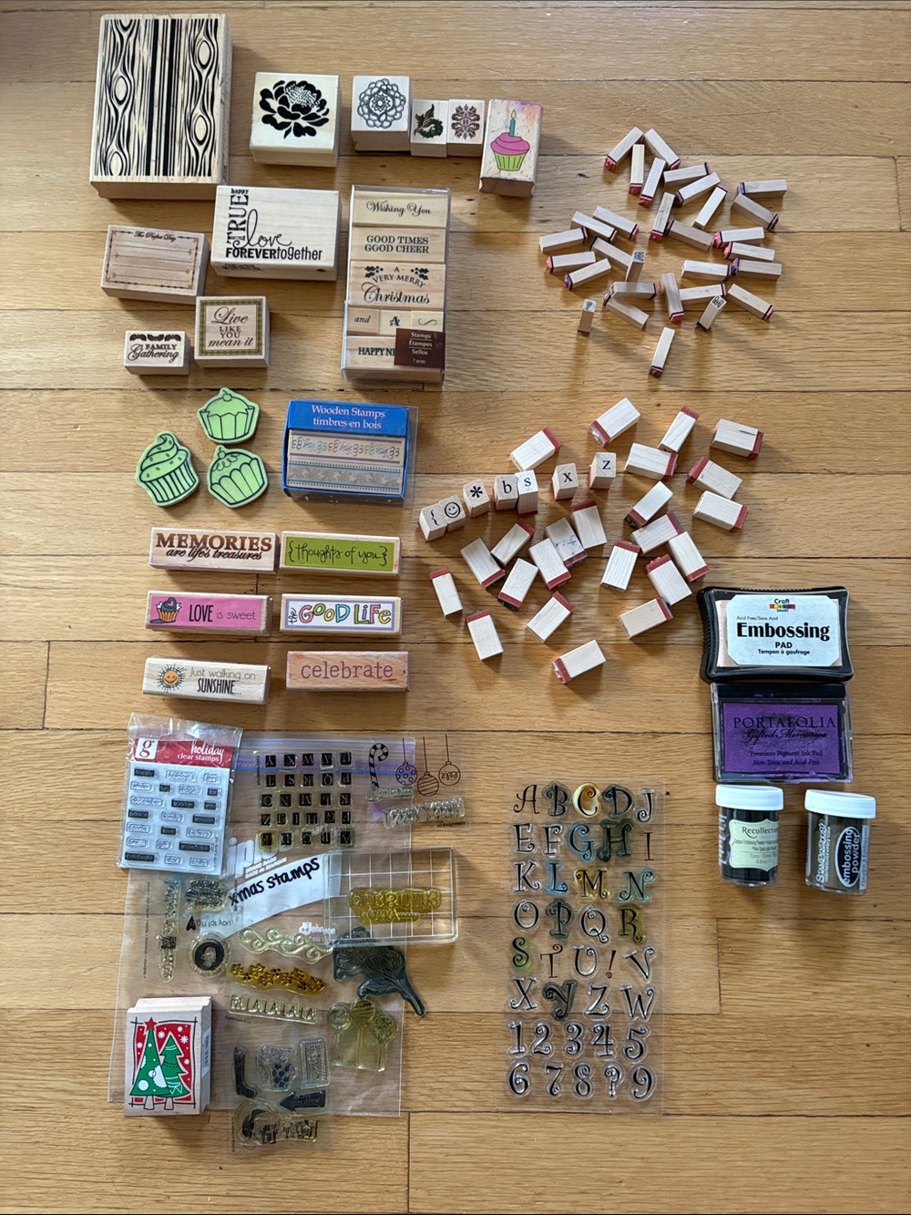 Wooden Craft Stamps, fun birthday, Christmas, Alphabet letters. Most are unused